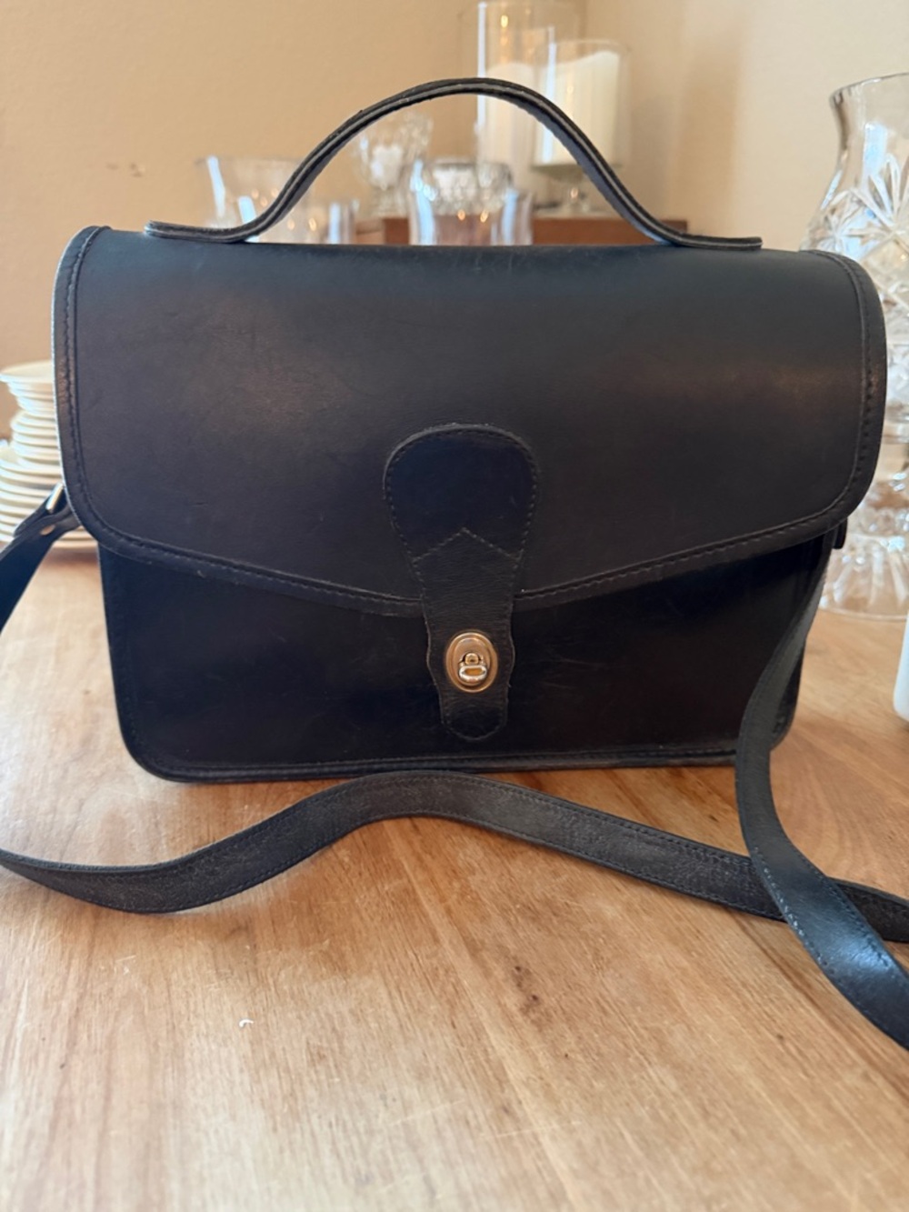 Classic Black Leather Top-Handle Crossbody Bag
